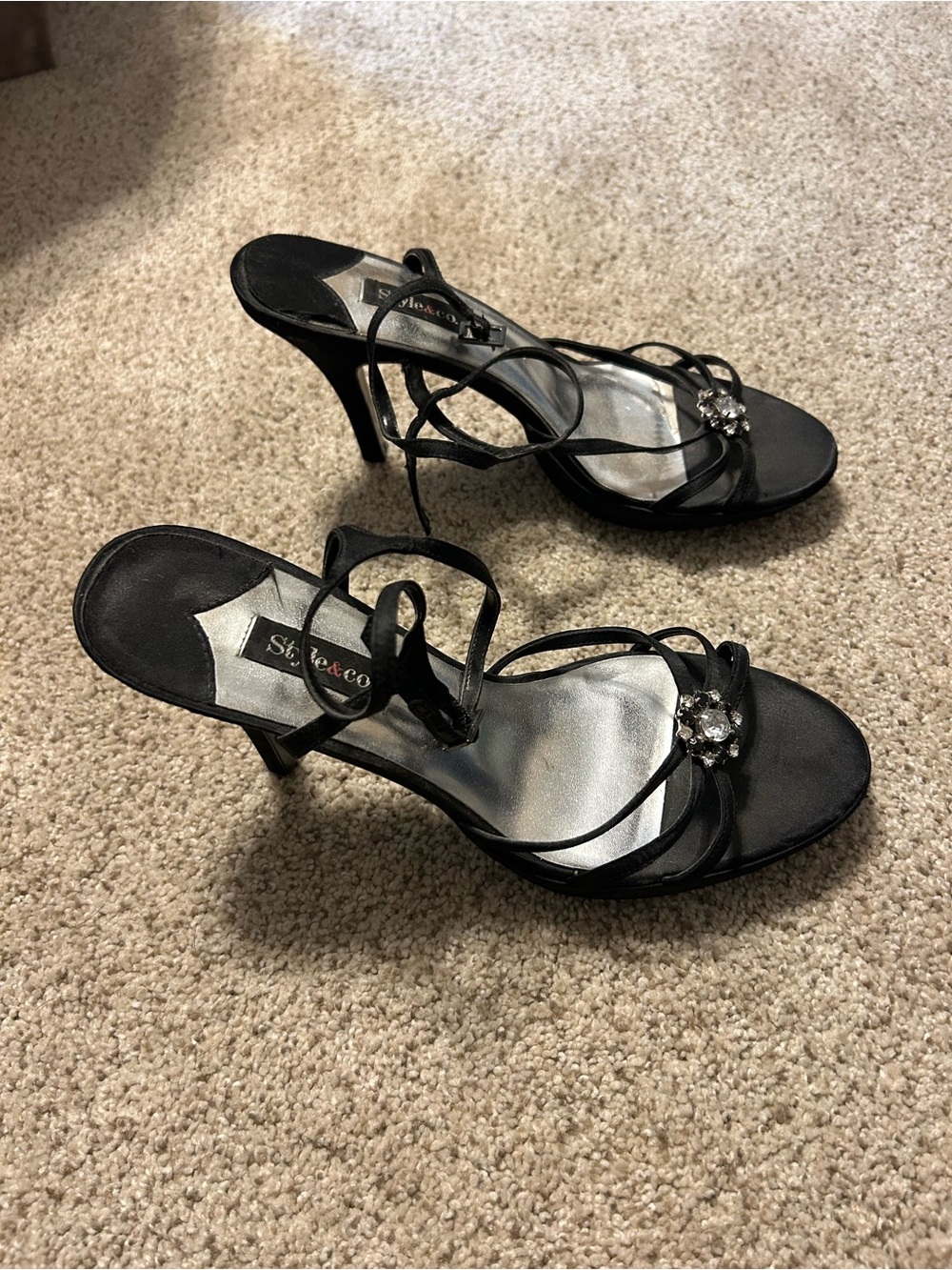 Black strappy heels with rhinestones